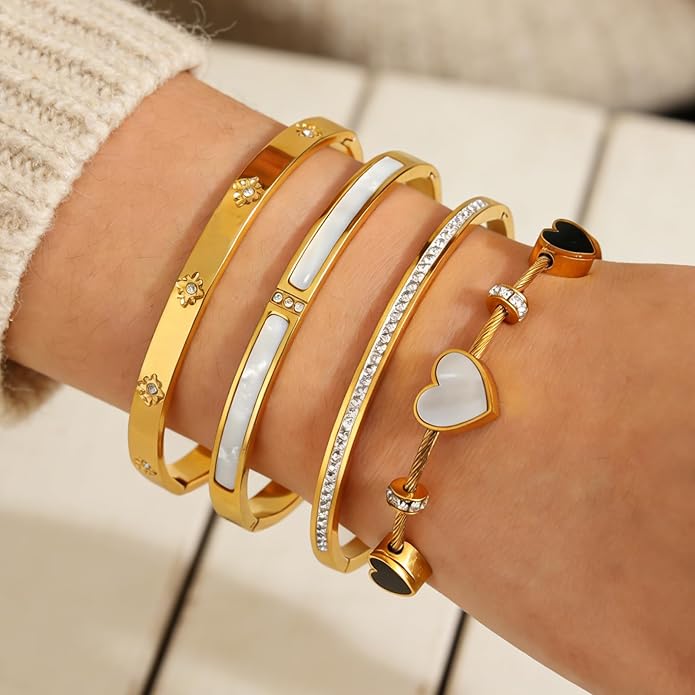 ZhiRui Women's 18K Gold Plated Stackable Bracelet Set - Waterproof Mother of Pearl Heart Cubic Zirconia Jewelry Gifts for Women