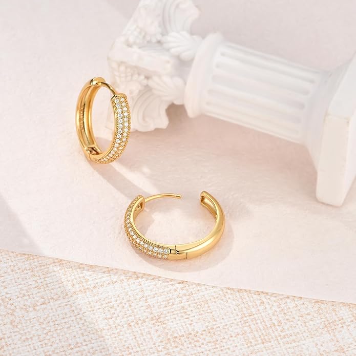Gold Earrings for Women Girls,14K Gold Plated Hoop Earrings with 925 Sterling Silver Post Cubic Zirconia Stud Earring Huggie Hoops Earrings
