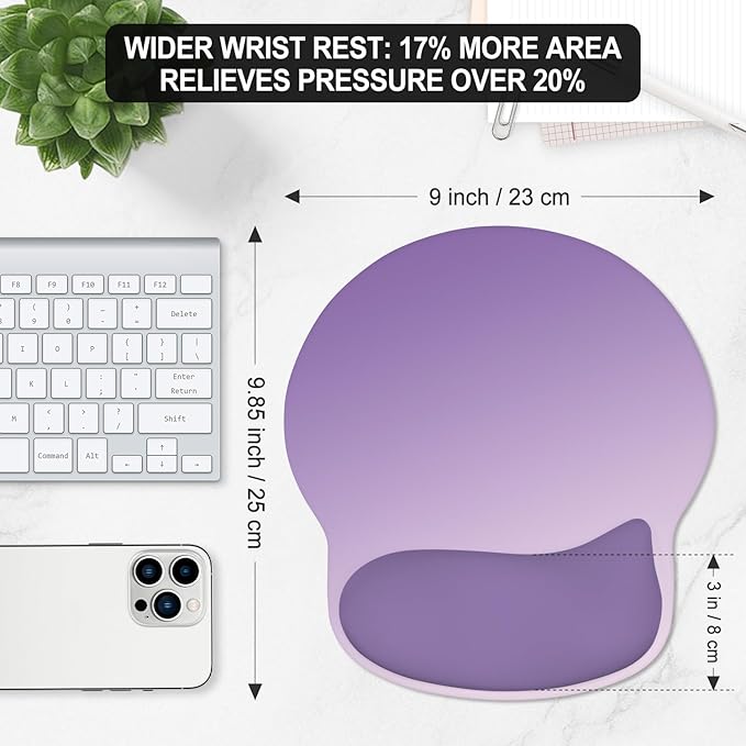 ITNRSIIET Ergonomic Mouse Pad with Wider Memory Foam Wrist Rest +17% - Curved Cushion Reduces Pressure 20%, Pain Relief, Non-Slip, Smooth, Cute Colors, 9.85 x 9 in, Lavender Fade