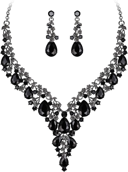BriLove Women's Wedding Bridal Austrian Crystal Teardrop Flower Cluster Statement Necklace Dangle Earrings Jewelry Set for Party Prom