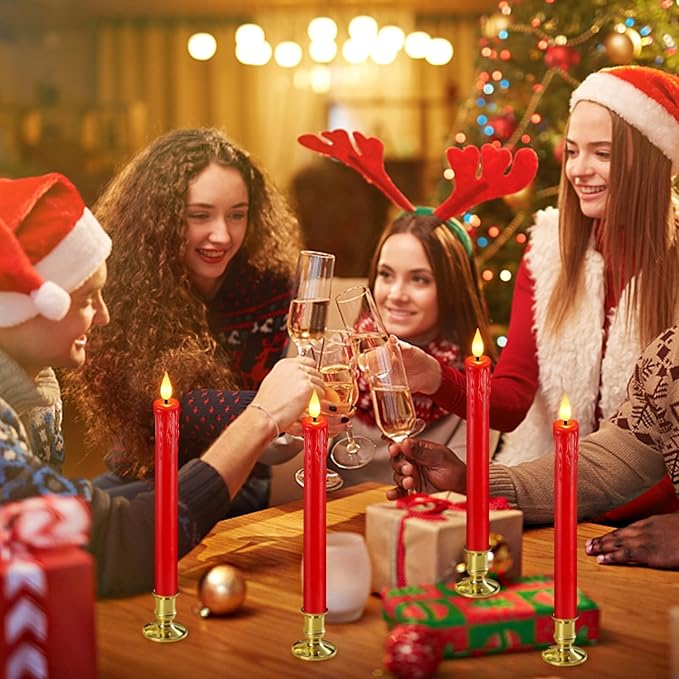 OCATO Flameless Candles with Remote Timer: 8 Pcs Battery Operated Window Candles 9.6" Real Wax LED Flickering Flameless Taper Candles 3D Wick Lights Halloween Christmas Wedding Party Decorations Red