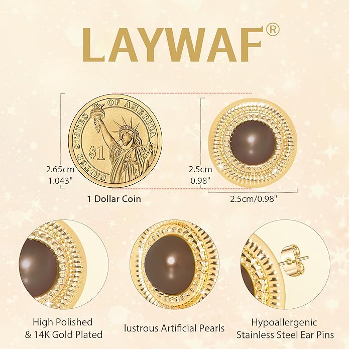 Faux Pearl Gold Plated Stud Earrings for Women, Hypoallergenic Stainless Steel Ear Pin, Available in a Variety of Pearl Colors