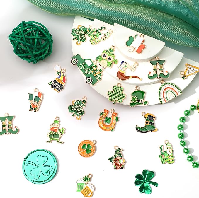 MARFOREVER 40Pcs/20 Pairs St. Patrick's Day Charms for Jewelry Making, Green Charms Assorted Shamrock Hat Coins Beer Gnome Enamel Lucky Charm Pendants for Bracelet Necklace Earrings Making Accessories