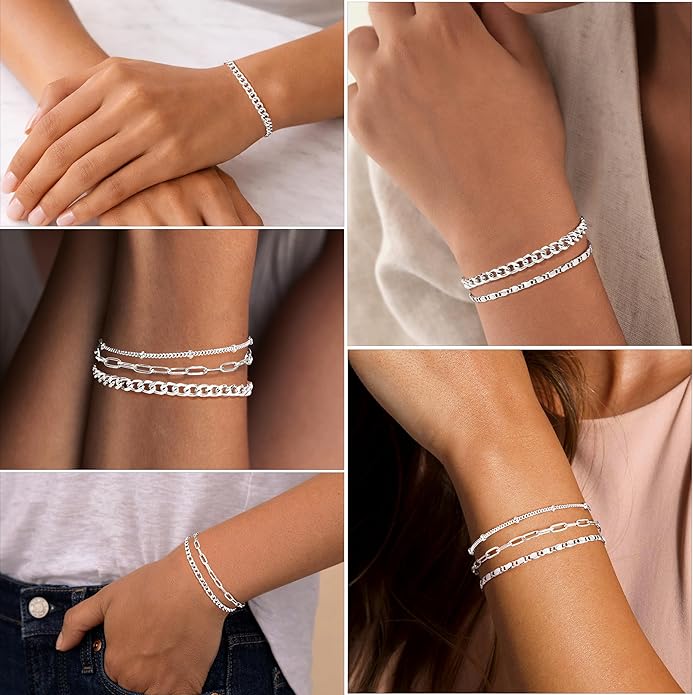 Gold Bracelets Set for Women Non Tarnish Trendy,14K Gold Plated Dainty Stackable Paperclip Cuban Link Chain Bracelets, Simple Cute Cuff Bracelets Jewelry Set Adjustable 7"+2"