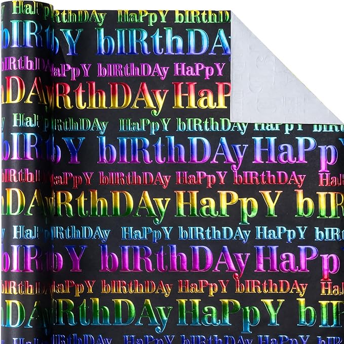 WRAPAHOLIC 3D Kraft Birthday Wrapping Paper Roll - Mini Roll - 17 Inch x 16.5 Feet - Black and Colorful Foil Happy Birthday Wrapping Paper with Embossed for Kids Boy Girls, Baby Shower