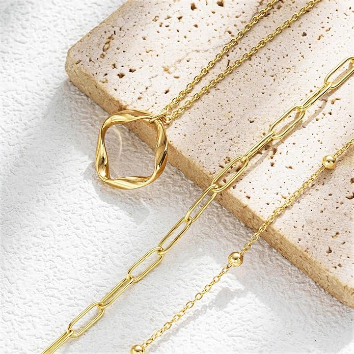 Women's Multi-Layered Gold Necklace, Stackable Delicate 14K Gold Plated Fashion Round Multi Layers Pendant Necklace, Gold Jewelry Set Gifts