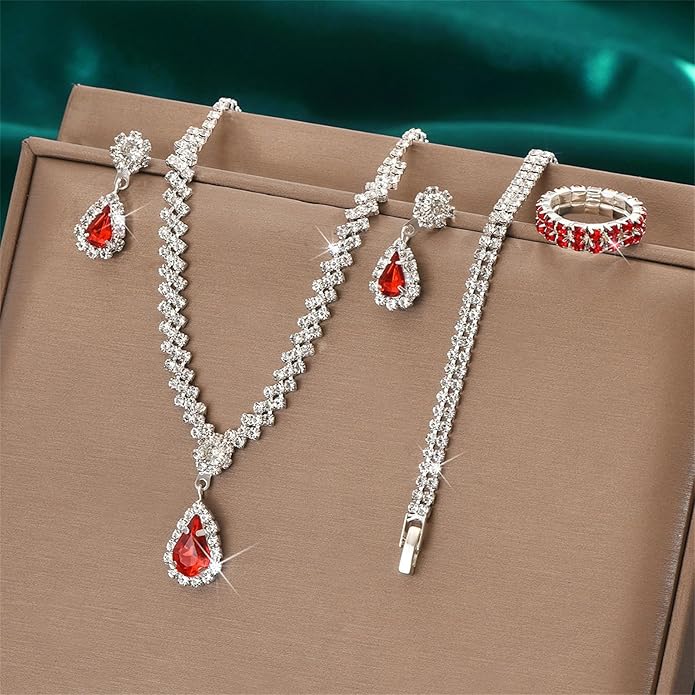 PINK TOWN Vintage Rhinestone Bridal Jewelry Sets,Crystal Wedding Prom Earrings Necklace Bracelet Set Fashion Zircon Bride Jewelry Dress Accessories for Women