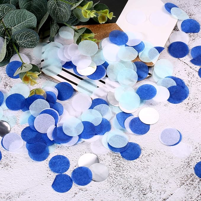 TecUnite Round Tissue Paper Table Confetti Dots for Wedding Birthday Party Decoration, 1.76 oz(White Blue Confetti,2.5 cm)