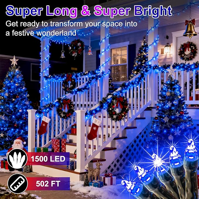 1500 LED 502ft Outdoor Christmas Lights Super Long String Lights 8 Modes Timer Memory, Outsite Waterproof Dark Green Wire Fairy Light Strings for Xmas Tree Wedding Holiday Party Decorations Blue