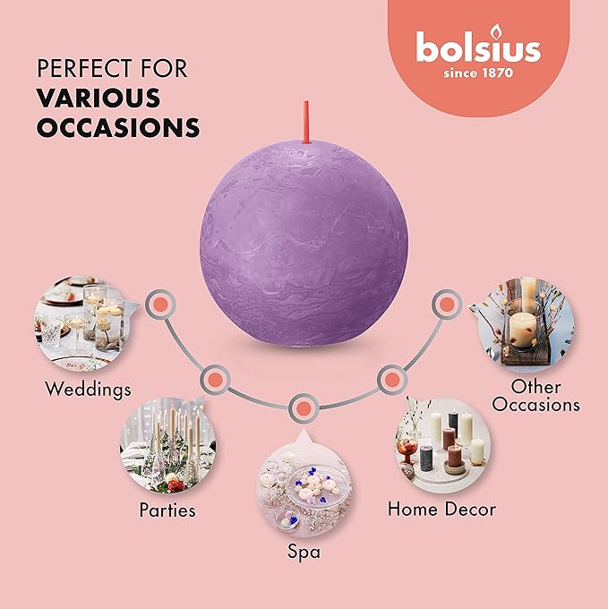 BOLSIUS 3 Pack Vibrant Violet (Purple) Rustic Ball Pillar Candles - 3 Inch - Premium European Quality - Includes Natural Plant-Based Wax - Unscented Dripless Smokeless 25 Hour Party Décor Candles