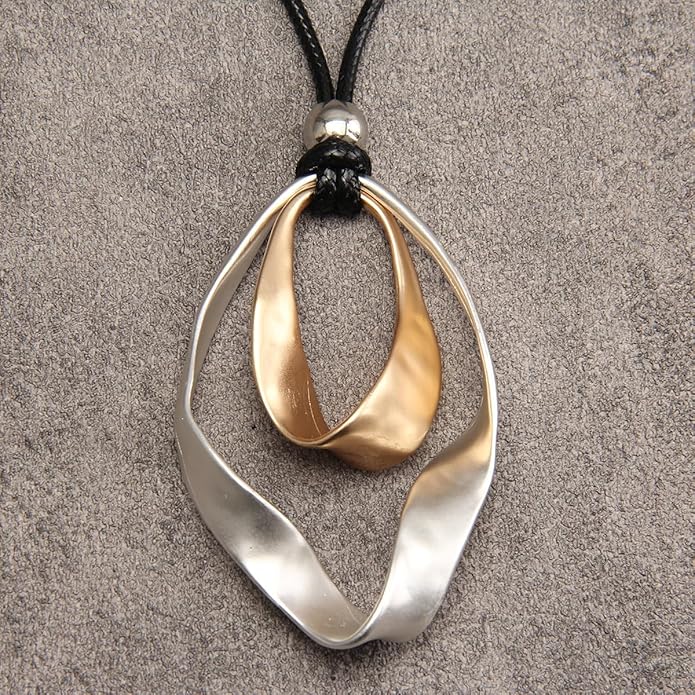 GelConnie Boho Necklaces for Women Vintage Silver Circles Long Pendant Necklace Cowgirl Sweater Necklace Adjustable Leather Choker Necklace for Women