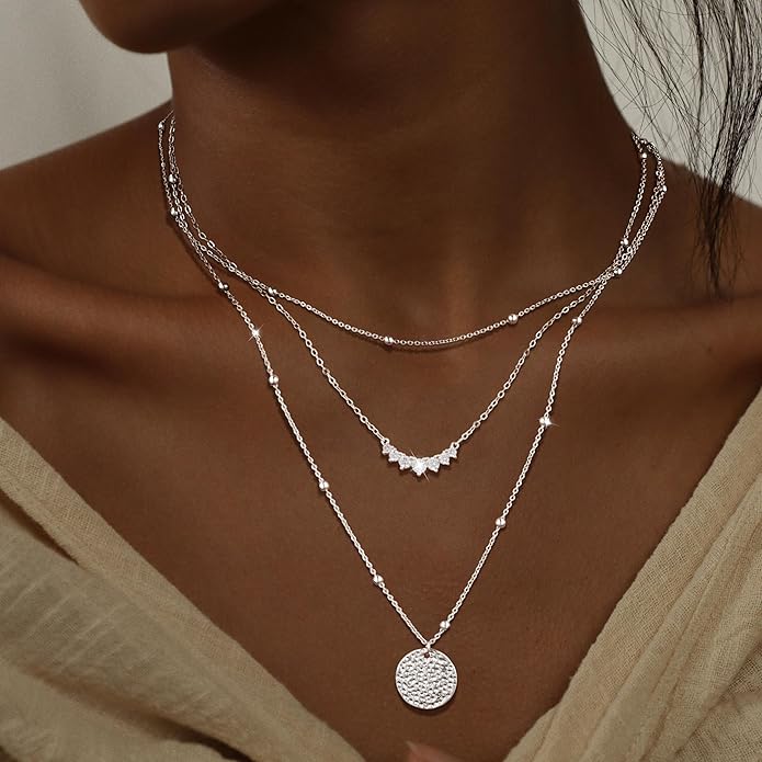 Layered Gold Silver Necklaces for Women, Stackable Stack 14K Real Gold Plated Silver Chain Necklace Diamond Circle CZ Layering Pendant Necklaces Trendy Gold Jewelry Set Gifts