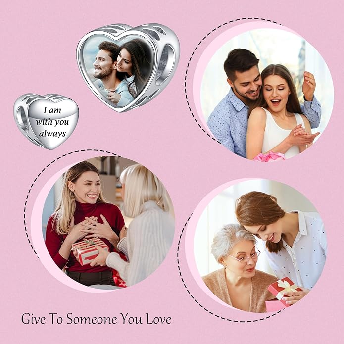 Annmors Personalized Photo Charms For Bracelets/Necklace 925 Sterling Silver Love Heart Shaped Engraved Customize Picture Gift for Birthday Mother's Day,Bead Charms Jewelry for Women