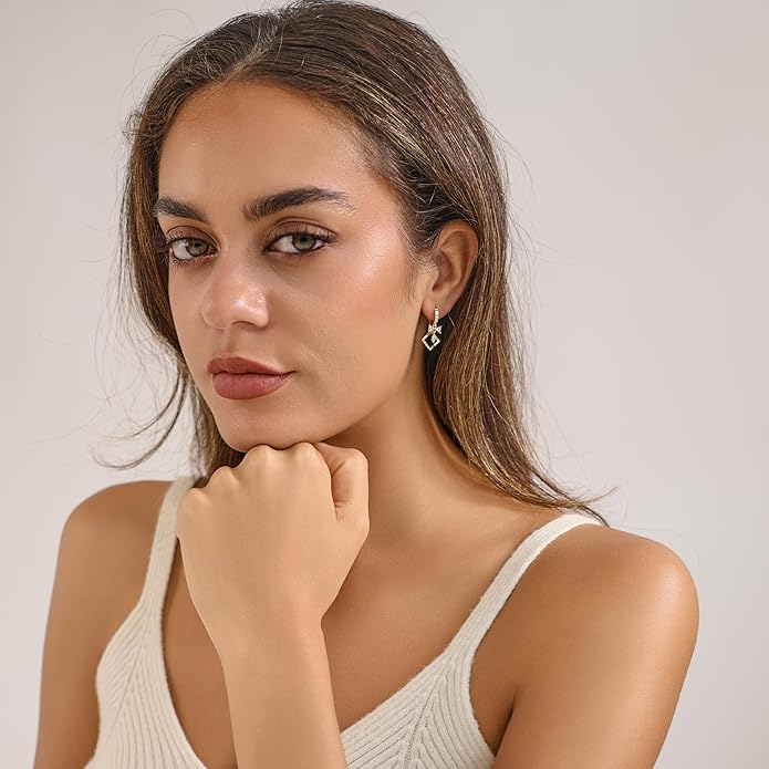 14K Gold Hoop Earrings for Women, 8mm Inner Diameter Huggie Hoops with Heart & Bow CZ Drop, Cubic Zirconia Elegant Dangle Earring, Hypoallergenic Dainty Jewelry, Aretes De Oro Para Mujer 14k