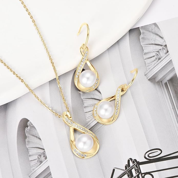 Sterling Silver Pearl Jewelry Set with Shiny Moissanite, Real Freshwater Pearl Earrings Necklace for Women, Wedding Jewelry for Brides Bridesmaid, Mother's Day