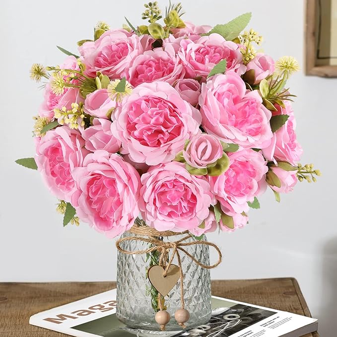 12 Packs Artificial Peonies Silk Flowers: Faux Peony Bouquet 12 Bundles, Fake Peonies Flowers Bulk for Centerpiece Table Wedding Party Home Decor for Vase Decoration (Pink)