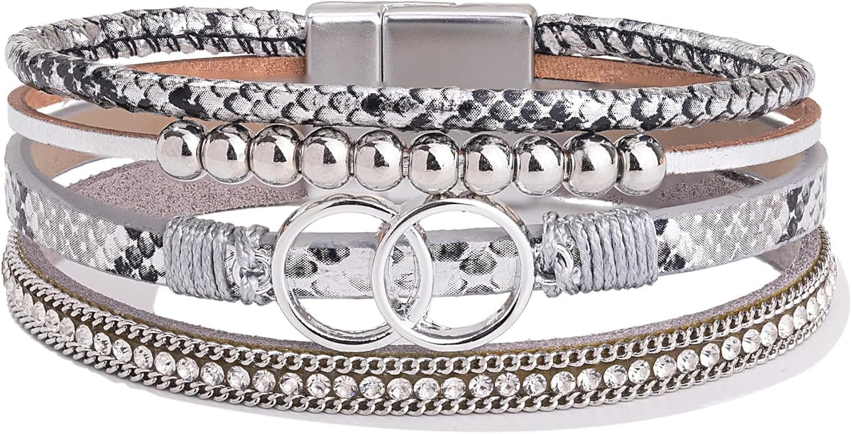 FANCY SHINY Boho Leather Wrap Bracelet Stackable Infinity Chunky Cuff Bracelets Western Hippie Outfits Jewelry Valentine Gifts for Women