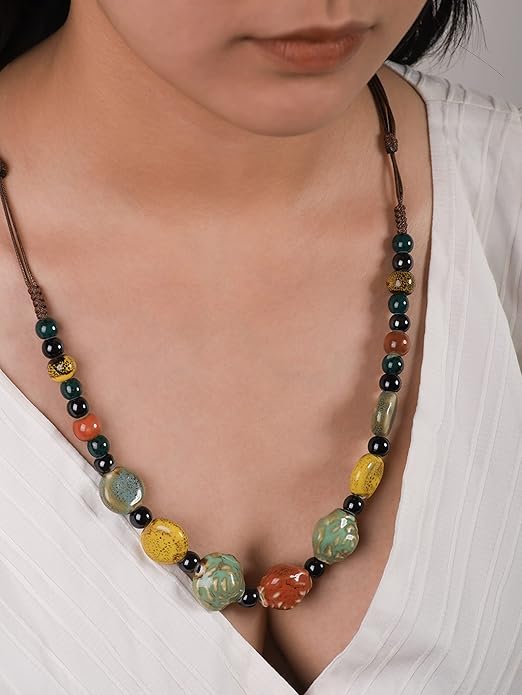 MINACHI Boho Hippie Round Ceramic Beads Strand Necklace, Vintage Bohemian Summer Beach Jewelry Gift for Women
