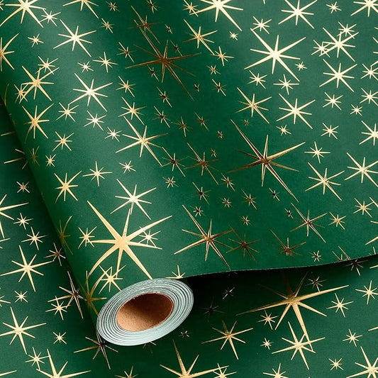 Garbendy Green Christams Wrapping Paper Roll- 17 Inch X 32.8 Feet - Embossing 3D Emerald Green with Gold Foil Star Design for Christmas, Birthday, Wedding, Baby Shower, Bridal Shower, Party