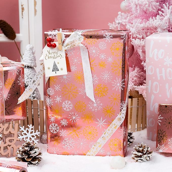 MAYPLUSS Pink Christmas Wrapping Paper Roll - 17IN X 33FT - Christmas Gift Wrapping Paper Featuring Gold and White Snowflake Reversible HO for Kids, Holiday, New Year