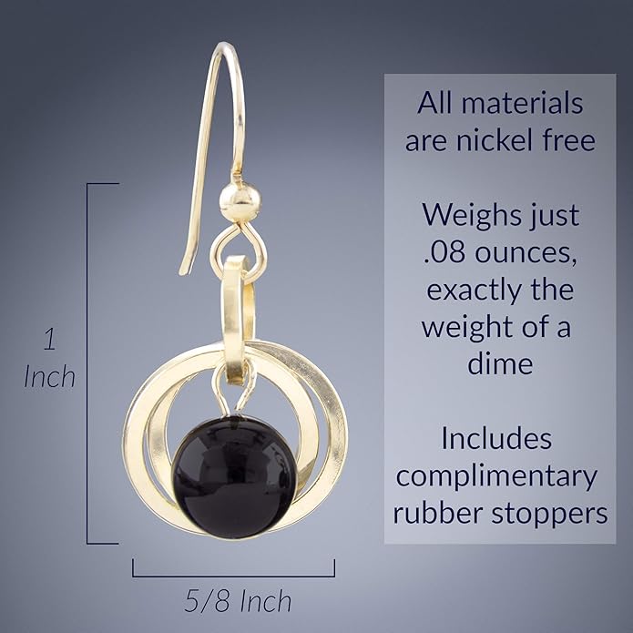 Tahmi Classic Real Black Onyx Gemstone Dangle Earrings and 20 Inch Pendant Necklace on Chain with 14K Yellow Gold-filled Circles Dainty Minimalist Jewelry Gift Set Idea for Women