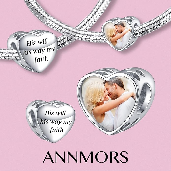 Annmors Personalized Photo Charms For Bracelets/Necklace 925 Sterling Silver Love Heart Shaped Engraved Customize Picture Gift for Birthday Mother's Day,Bead Charms Jewelry for Women