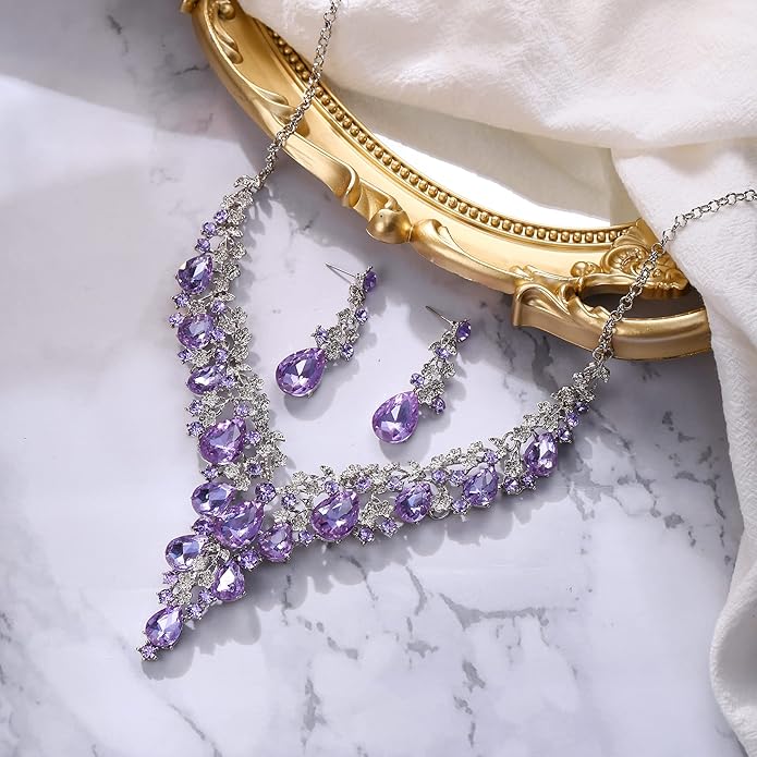 BriLove Women's Wedding Bridal Austrian Crystal Teardrop Flower Cluster Statement Necklace Dangle Earrings Jewelry Set for Party Prom