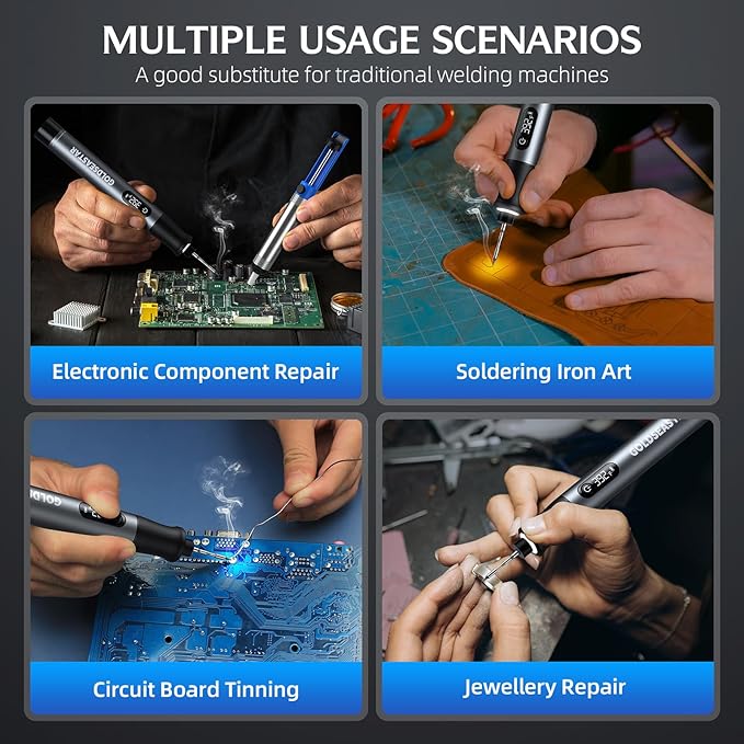 Cordless Soldering Iron Kit - 7s Fast Heating & Auto Sleep, Portable USB-C Rechargeable Welding Pen with 3 Tips (392°F/200°C to 842°F/450°C) for Electronics Repair/DIY/Circuit Board, Gunmental