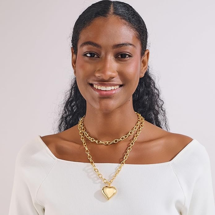 Valentine's Day Gifts for Women - Chunky Heart Necklaces for Women, Statement Long Lariat Layered Gold Heart Pendant Necklaces, Statement Jewelry | Big Y-shape Jewelry