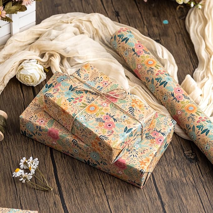 MAYPLUSS Colorful Floral Kraft Wrapping Paper Roll - 17Inch x 33Feet - Garden Boho Floral Gift Wrap Paper Spring Summer Blooms Sheet for Wedding, Bridal Shower, Birthday and Engagement