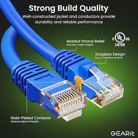 GEARit Cat 6 Ethernet Cable Pack - 5-Pack 30 ft Cat6 Ethernet Patch Cables | RJ45 Network Patch Cable, 10 Gbps Snagless Gold-Plated Connectors - Ethernet Cable Cat 6 for PC, TV, Router - Blue