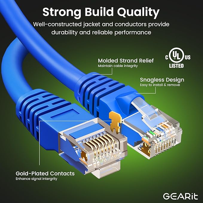 GearIT Cat 6 Ethernet Cable Pack - 24-Pack 0.5 ft Cat6 Ethernet Patch Cables | RJ45 Network Patch Cable, 10 Gbps Snagless Gold-Plated Connectors - Ethernet Cable Cat 6 for PC, TV, Router - Blue