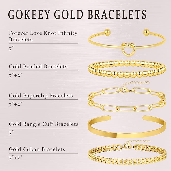 Gold Bracelets Set for Women Non Tarnish, 14K Gold Plated Sterling Silver Chunky Cuff Bracelet Stackable Gold Bangles Bracelet for Women Trendy Fashion Accessories Tie Knot Cuban Rope Paperclip Beaded Bracelet Stack Jewelry Valentines Day Gifts