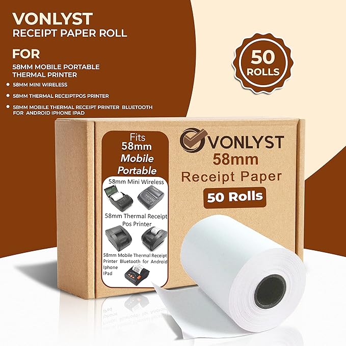 Receipt Paper Roll for 58mm Mobile Portable Thermal Printer (Pack 50 rolls)