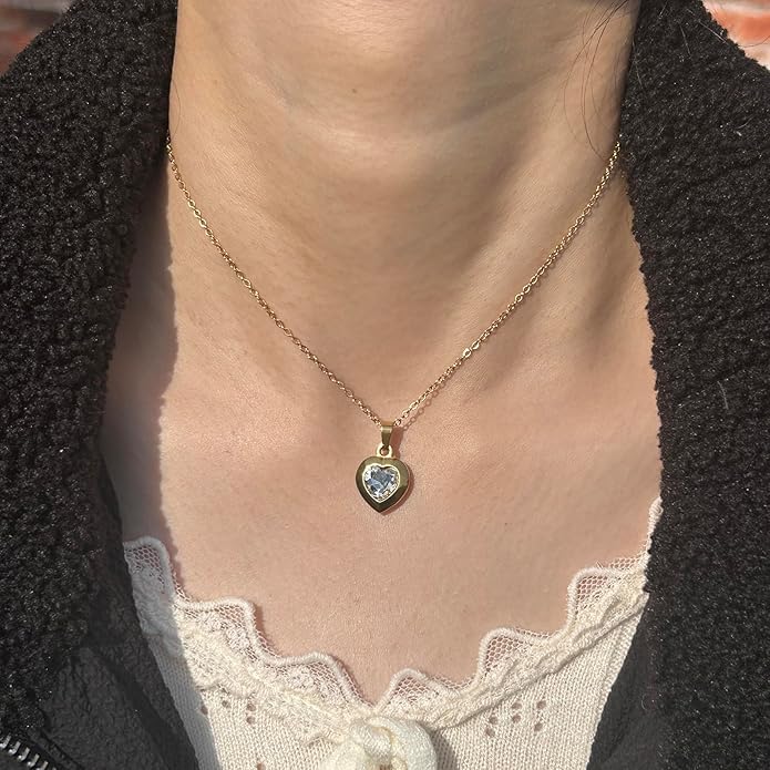 Cute Gold Heart Necklace for Women,18k Gold Plated Cubic Zirconia Charm Necklaces,Stainless Steel Women's Heart Stone Pendant Necklace for Women,16-18 Inches Adjustable Chain,Trendy Jewelry Gifts