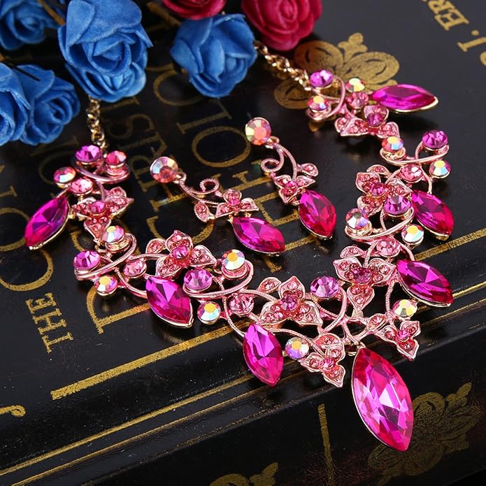 BriLove Women's Costume Fashion Crystal Floral Vine Leaf Statement Necklace Dangle Earrings Set