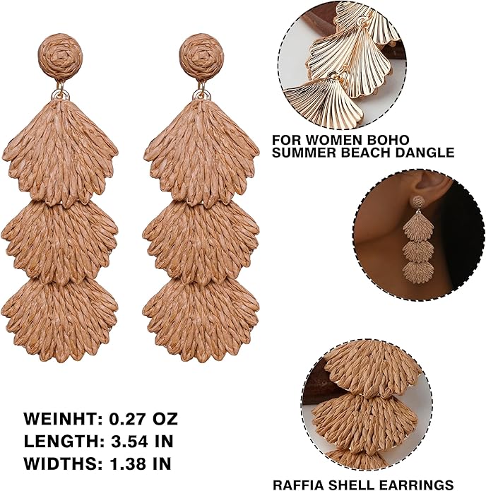 Raffia Dangle Earrings for Women - Boho Statement Rattan Drop Jewelry with Shell Design, Lightweight Summer Beach Trendy Accessories