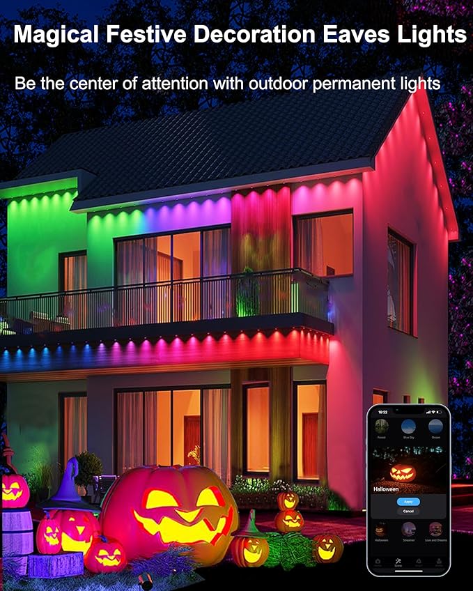 Permanent Outdoor Lights for House, 100ft 60LED Smart RGBW+IC Outdoor Christmas Lights with APP/Remote Control, DIY Scene, IP67 Waterproof Under Eaves Lighting for Holiday & Daily Decor