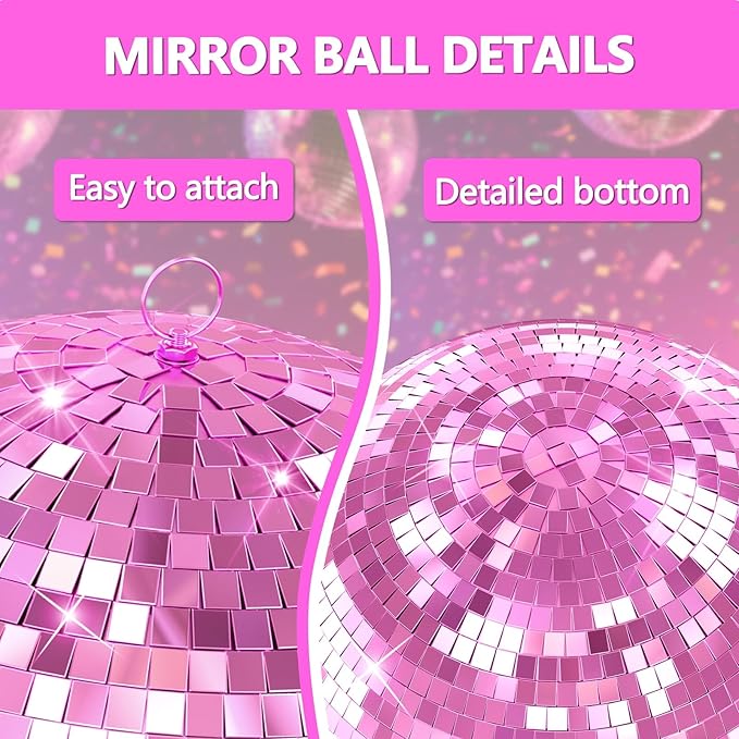 12"/16"/20" Mirror Disco Ball with Hanging Ring, for DJ Club, Party,Live Stage for Easy Installation, Disco Ball Mirror Balls Light Effect Mirrors Balls with Hanging Ring(Golden, Pink) 20Inch Pink