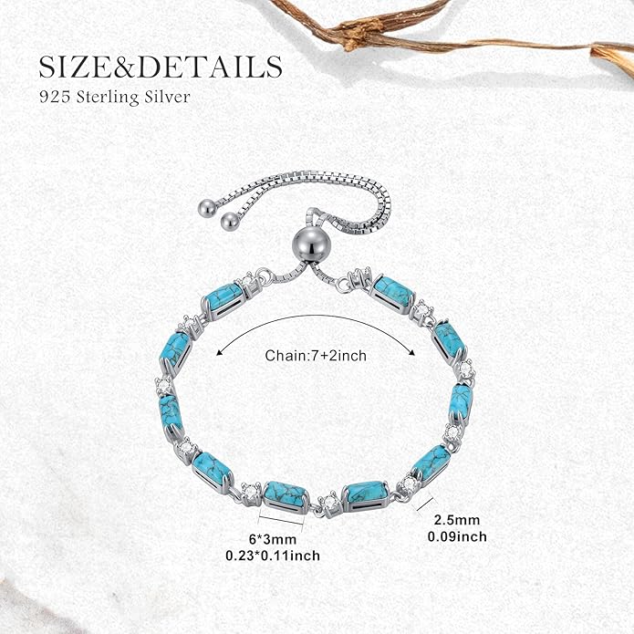 Genuine Turquoise Tennis Bracelet 925 Sterling Silver Adjustable Slider Bracelet Boho Jewelry Gifts for Women
