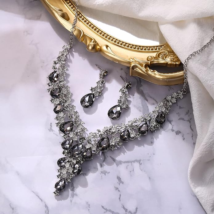 BriLove Women's Wedding Bridal Austrian Crystal Teardrop Flower Cluster Statement Necklace Dangle Earrings Jewelry Set for Party Prom