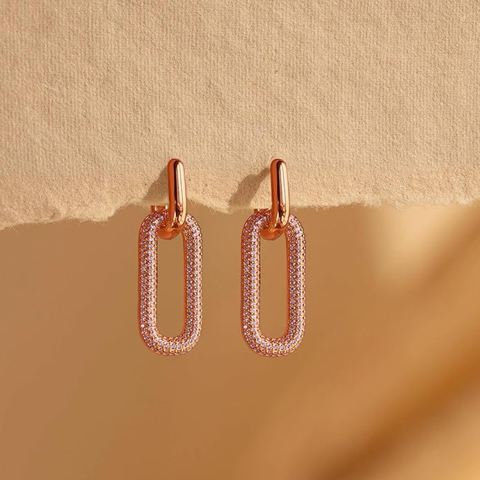 Gold Earrings for Women Trendy, Simple Dainty 14K Gold Plated Paperclip Square Chain Link Dangle Hoops Earrings Pin Stud Huggie Earrings Lightweight Hypoallergenic Minimalist Aesthetic Gold Jewelry for Christmas Gifts