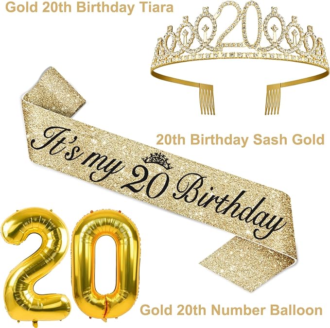 20th Birthday Decorations for Women Gold with 20th Birthday Tiara and Sash, Cake Topper and Candles, Number Balloons, 20 Year Old Gifts for Women