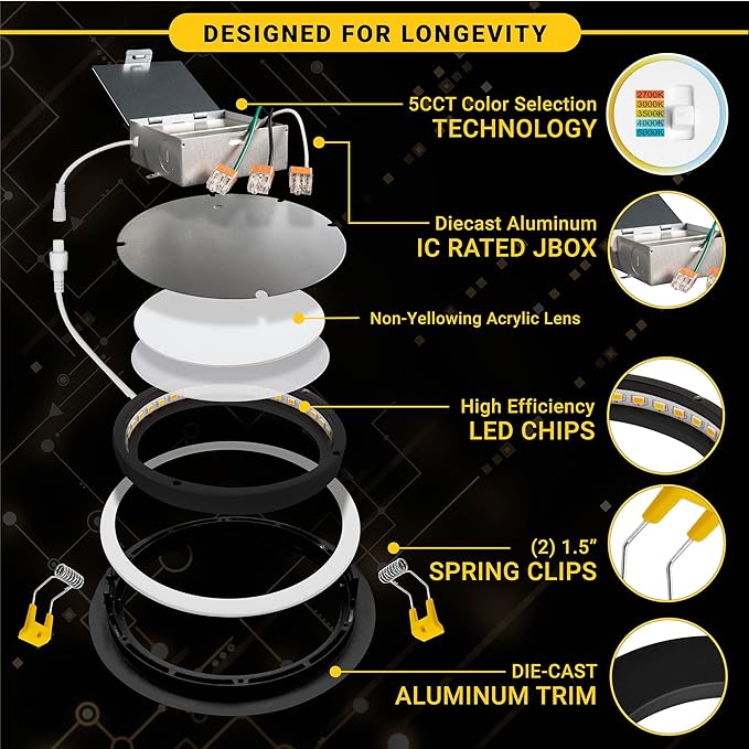 NUWATT 6 Inch Black Gimbal LED Recessed Lighting Canless Wafer Lights, 5CCT 2700K/3000K/3500K/4000K/5000K, Dimmable, 1050LM, 12W, Downlight Adjustable Recessed Swivel LED Sloped Ceiling Light, 6 Pack
