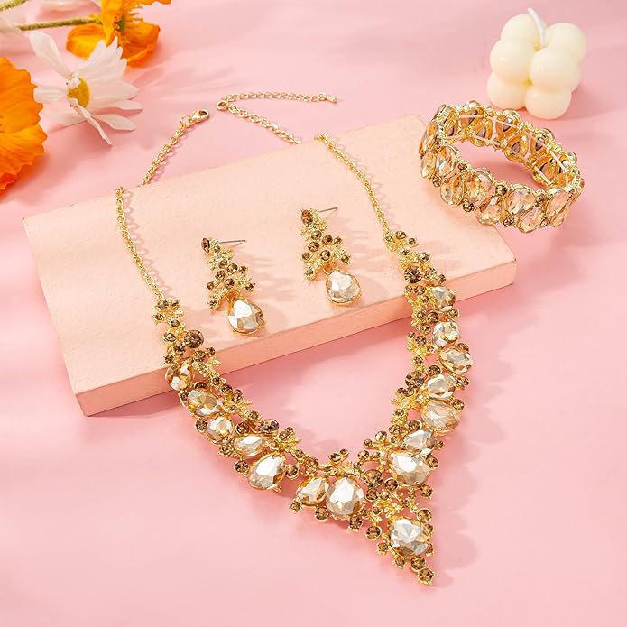 Elegant Bridal Wedding Jewelry Set for Women/Brides/Bridesmaids Teardrop Crystal Leaf Cluster Jewelry Set for Wedding Prom Party Bridal Bridesmaids Rhinestone Crystal Necklace Earrings Bracelet Set