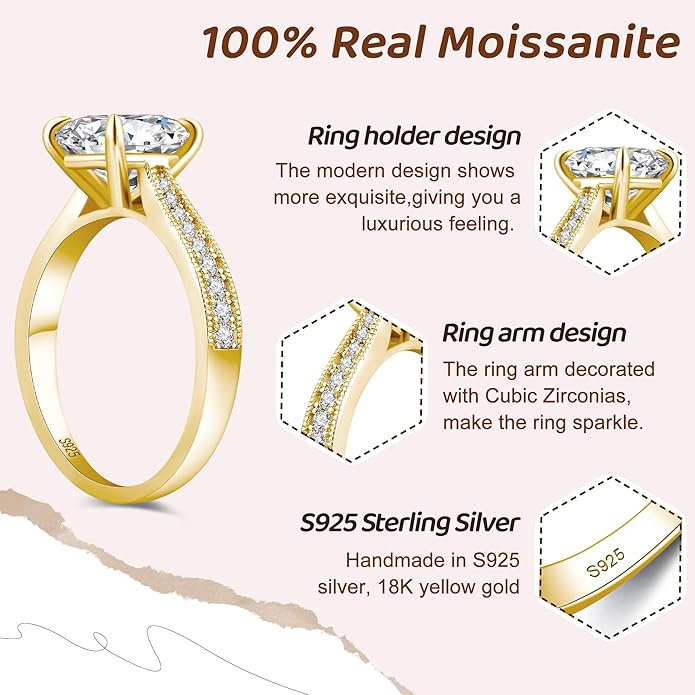 Moissanite Engagement Rings for Women,Promise Rings 925 Sterling Silver with 18K Yellow/White Gold Plated,D Color VVS1 Wedding Band Moissanite Ring 0.5/1/1.5/2/3/4CT