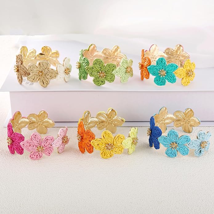 Raffia Flower Cuff Bracelet for Women, Floral Chunky Bangle Wide Open Cuff Statement Bracelet