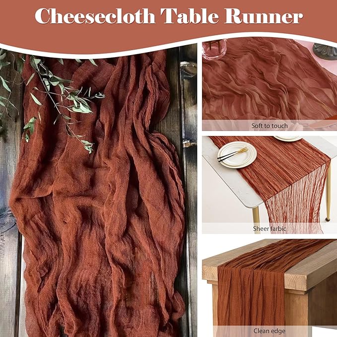 6 Pack 10 Ft Cheesecloth Table Runner Rust Gauze Long Table Runners Boho Gauze Cheese Cloth Table Runner Rustic Sheer Runner for Wedding Party Table Decor ( 35 x 120 Inch )