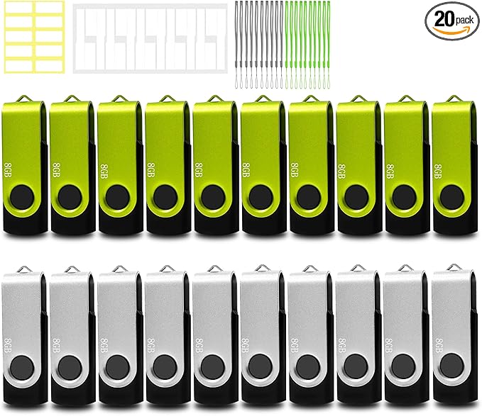 8GB USB Flash Drive 20 Pack Bulk USB Thumb Drive Swivel Zip Drive USB 2.0 Flash Drives 8GB Bulk Green & Sliver Memoris Memory Stick Jump Drives Multipack with Lanyards Label