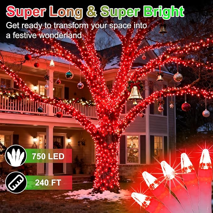 750 LED 240FT Christmas String Lights Outdoor, 12 Pro Modes and Timer Memory & Brightness, Plug in Outdoor Waterproof Clear Wire Twinkle Light for for Xmas Yard Tree Wedding Party Decor (Red)